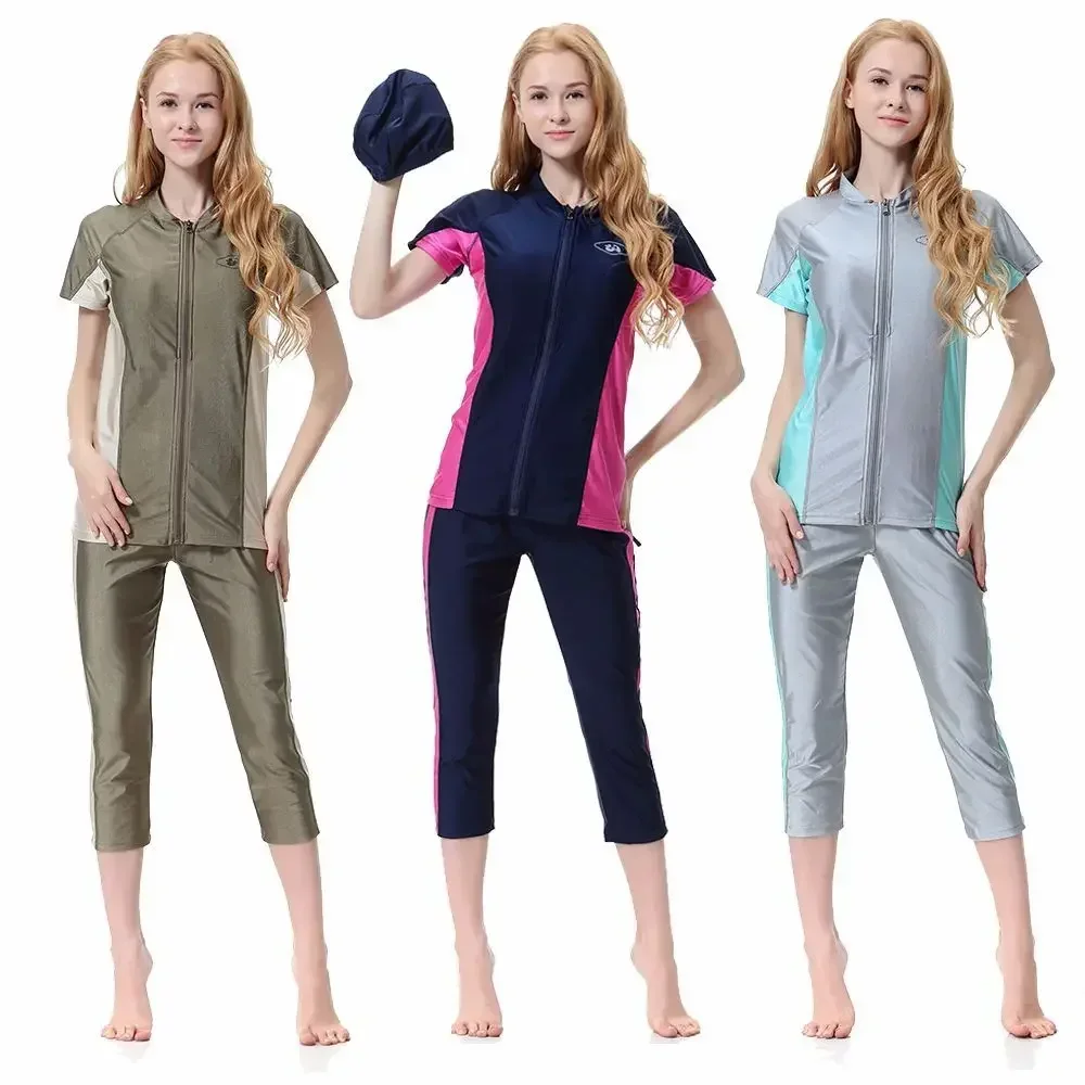 2024 Women Muslim Swimwears Short Sleeve Zipper Cardigan Tops Pants Sets Islamic Arab 3PCS Swimsuit Bathing Cap Dubai Beach Wear