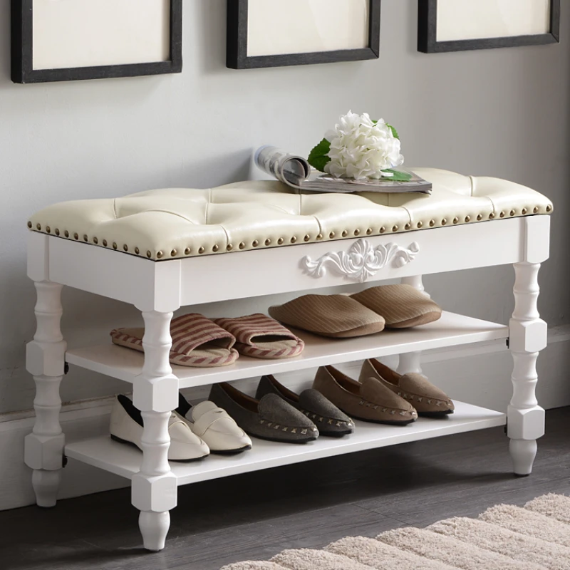 

White, solid wood shoe change shoe cabinet, European storage stool, leather stool, can be assembled