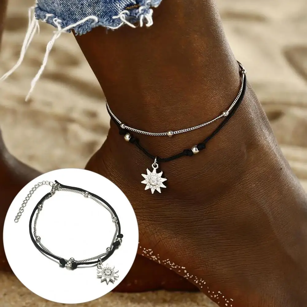 Women Anklets Sun Pendant Bohemian style Ankle Chain Double Chains Beads Decor Alloy Bracelet On Leg Foot Beach Jewelry