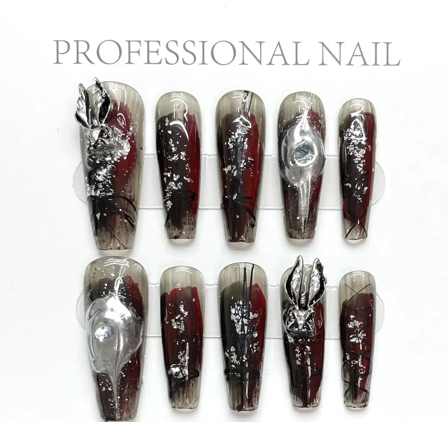 

Handmade Beautiful Y2k Press on Nails Goth Style Black and Red Halloween with Design Full Cover Long Coffin Acrylic Nail Tips