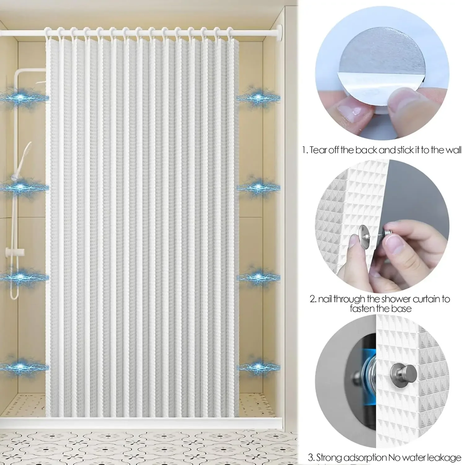 Folding Waterproof Waffle Shower Curtain with Hooks, Magnetic Shower Curtain for Bathroom, Splash-Proof Shower Curtain