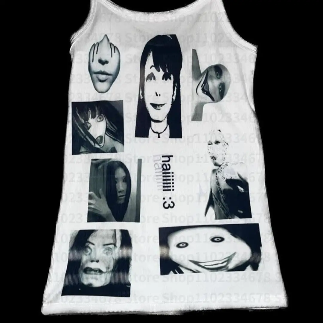 Vintage Gothic Women Corset Tank Top Baby Tees Y2k Clothes Shirt Print 90s Emo Punk Figure Graphics Camisole Top Grunge Crop Top