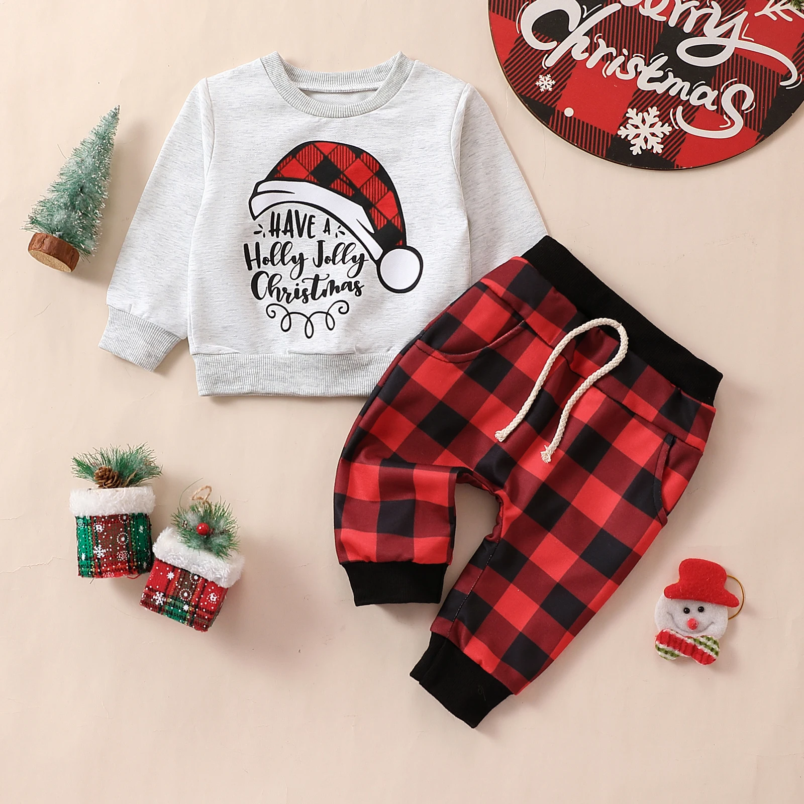 2PCS Baby Children Christmas Sets Autumn Winter Gray Long Sleeve T-Shirt with Red Checkered Pants Boys Girls Outfit 0-3T