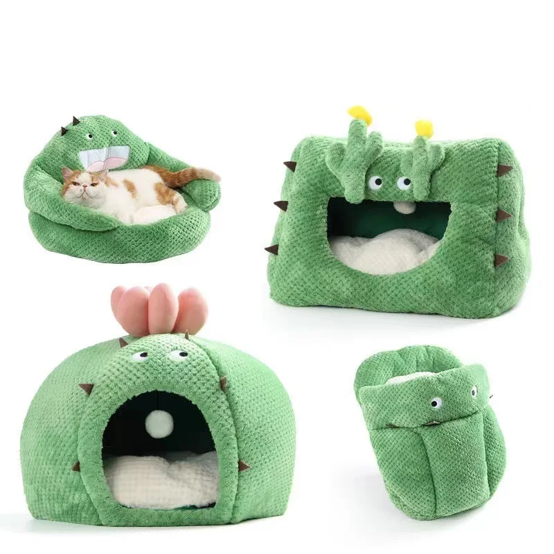 

New Summer Autumn Cactus Pet Litter Short Plush Triangle Cat Beds Full Enclosed Round Pet Sleeping Mat Animals Sleeping Sofa