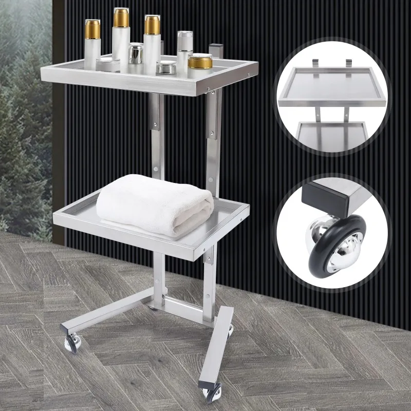 

2 Tier Salon Trolley Stand Wheel Barber Shop Beauty Tool Storage Tray Rolling Cart Shelf Hairdressing Supplies Carrello Silver