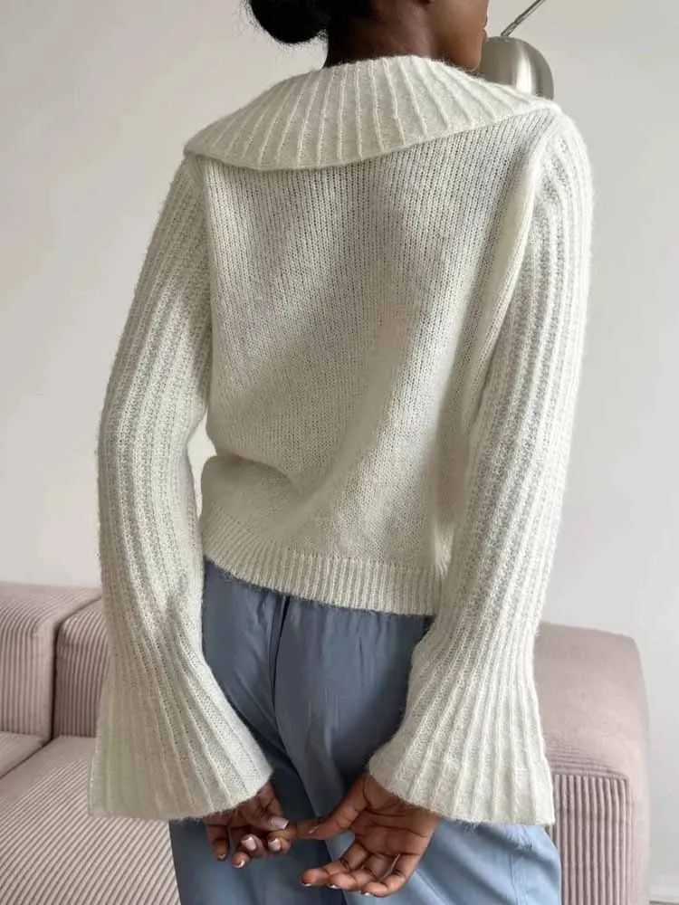 MCDV Słodki kardigan damski z dzianiny z kołnierzykiem Peter Pan, rozkloszowanymi rękawami, jednorzędowym zapięciem, luźnym krojem i krótkim krojem, sweter damski w stylu Y2k.