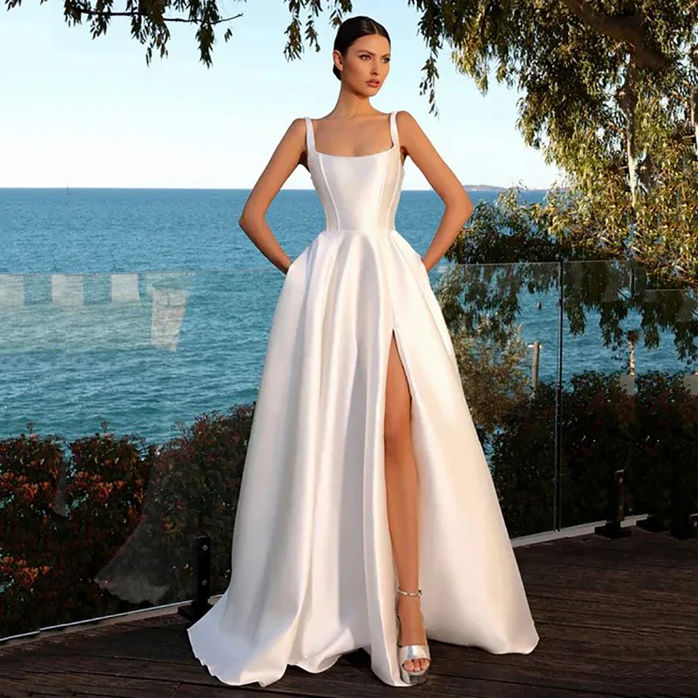 

Satin Wedding Dresses Square Neck Corset Slit Bridal Dresses Sext Sleeveless A-Line Floor Length Wedding Party Dress Customized