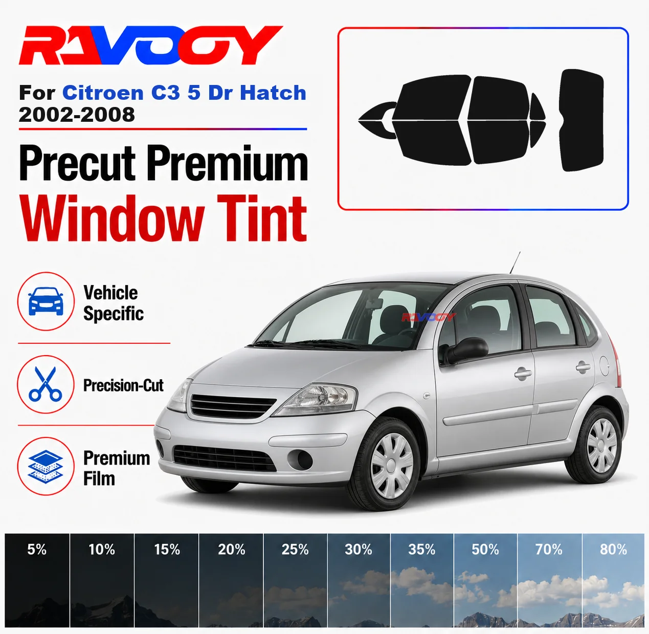 

Premium Precut Window Tint Kit Front Rear Windows Rear Windshield For Citroen C3 5Dr Hatch 2002-2008 Car Solar Nano Ceramic Film