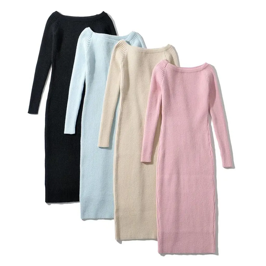 Women's Off-Shoulder Knitted Dress Mink-Like Slim Fit Sheath Short Skirt Solid Color European And American Fashion Autumn New