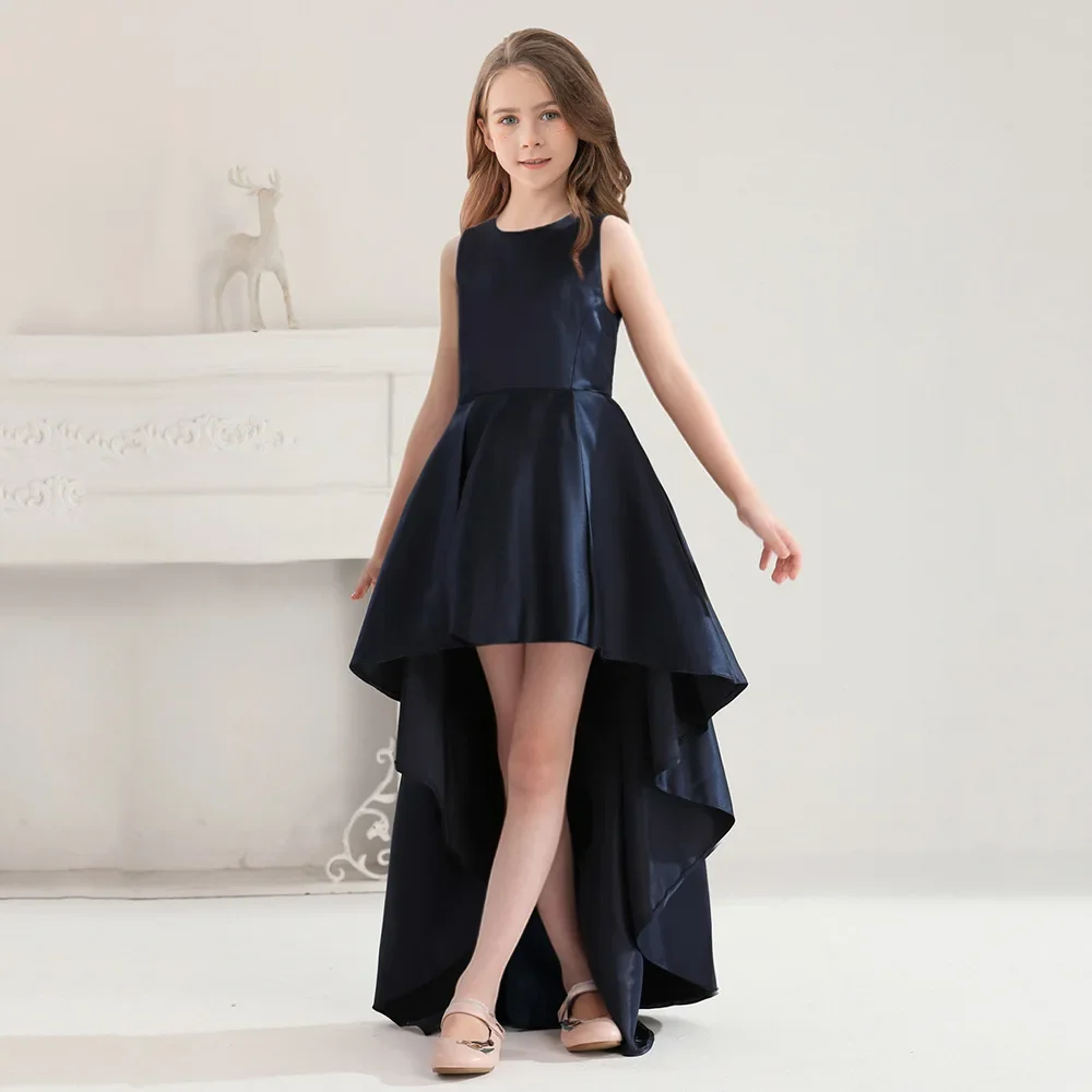8-16Y Teen Girls Party Dresses Navy Blue Long Trailing Elegant Children's Princess Dress Formal Evening Festive Ball Gown