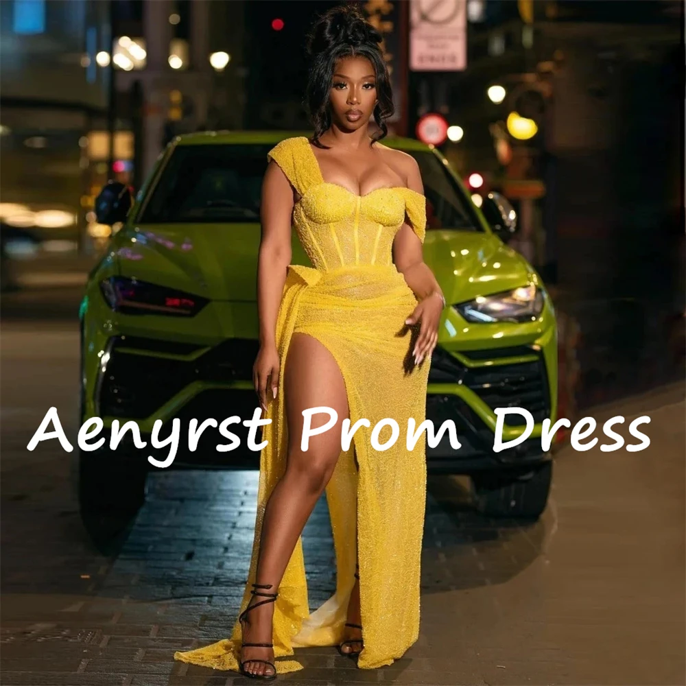 Aenyrst-Vestidos de Fiesta de sirena con lentejuelas para mujer, traje de noche con abertura lateral alta, largo hasta el suelo, brillante, color amarillo