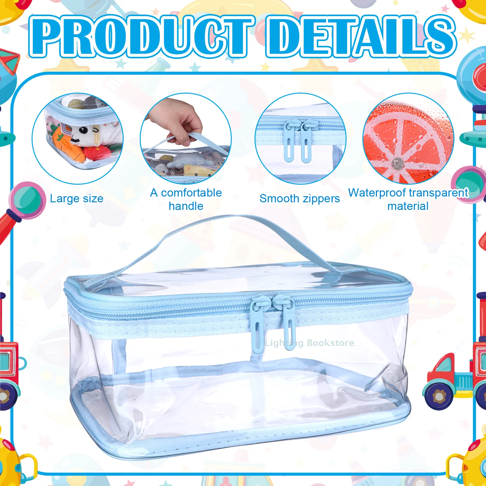 6 Pcs Clear PVC Toy Storage Bags With Handles 9.1x6.7x3.9 Inch Travel Toiletry Bags Waterproof Toy Storage Organizer Pouch With