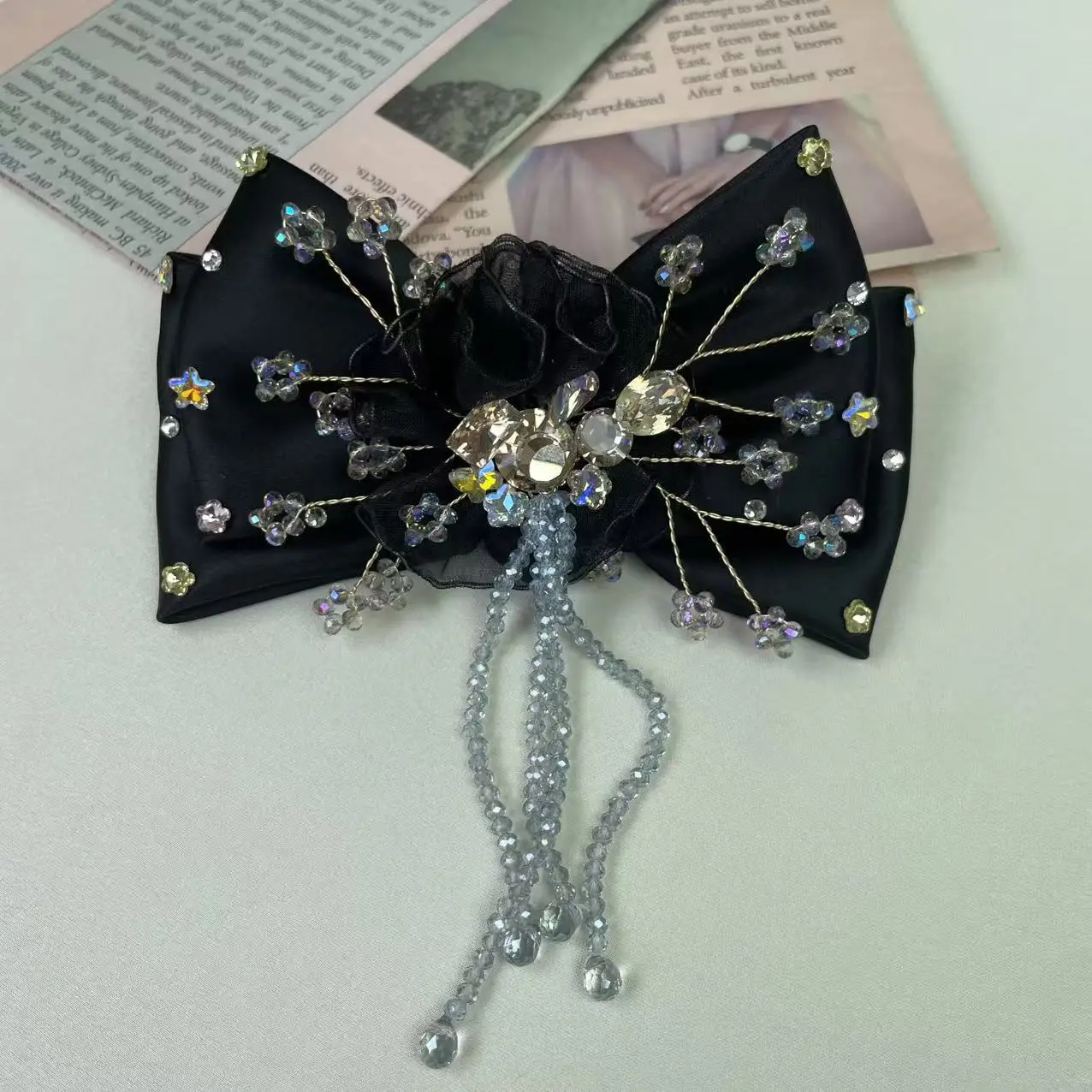 جديد الكورية نمط الأصلي مرصع بالماس سوبر الجنية الساتان طبقة مزدوجة شرابة القوس دبوس الشعر الربيع كليب #2