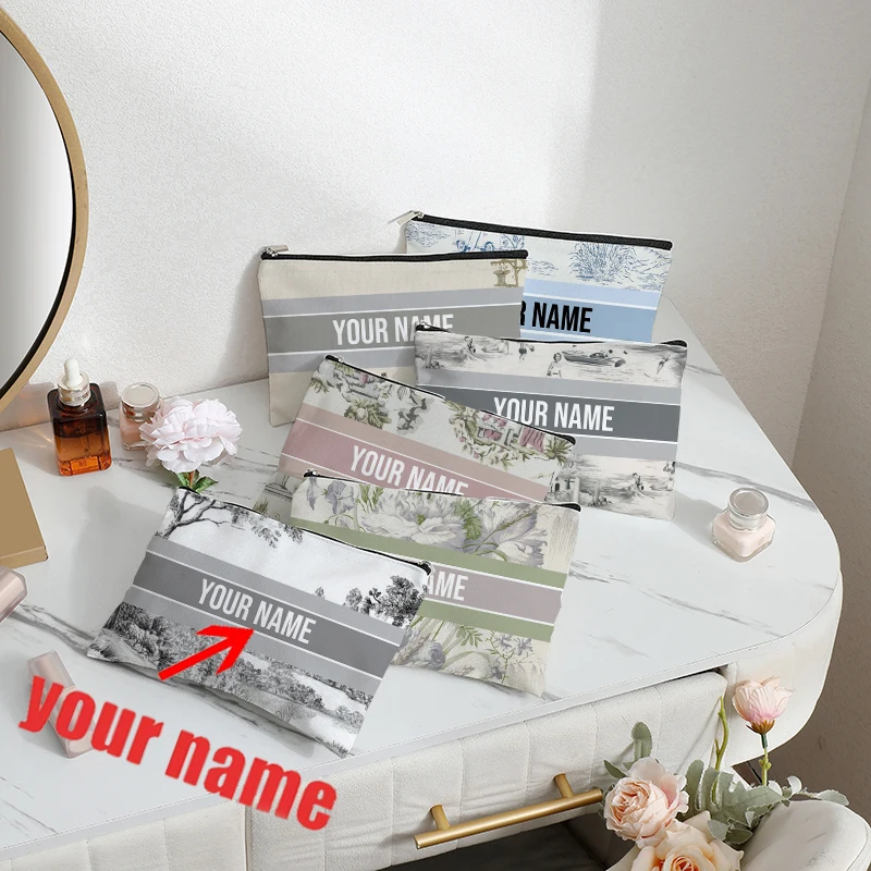 Customized French Toile De Jouy with Blueberry Pattern Makeup Cosmetic Bag Personalized Wedding Purse Bridesmaid Gifts Pouch