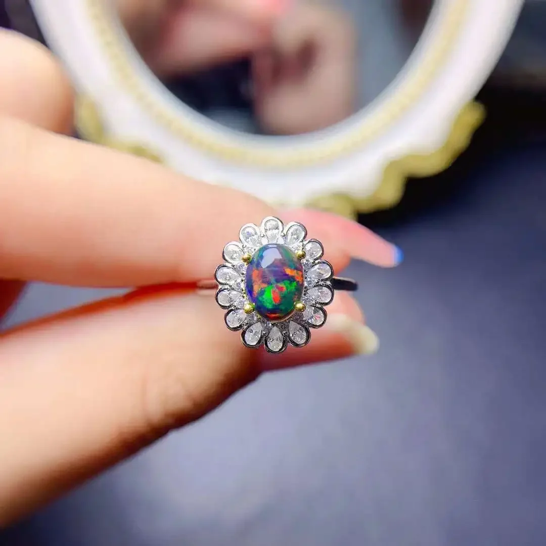 Luxury Sunflower Natural Black Opal Ring S925 Silver Natural Gemstone Ring Girl Feminine Party Gift Fine Jewelry