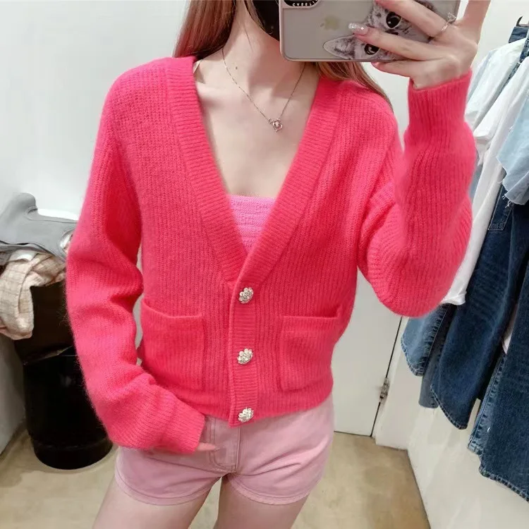 

Nordic Early Autumn 2023 Women's V-ne Crystal Button Luxury Mixed Knitted Open Cardigan Outerwear in Four Colors