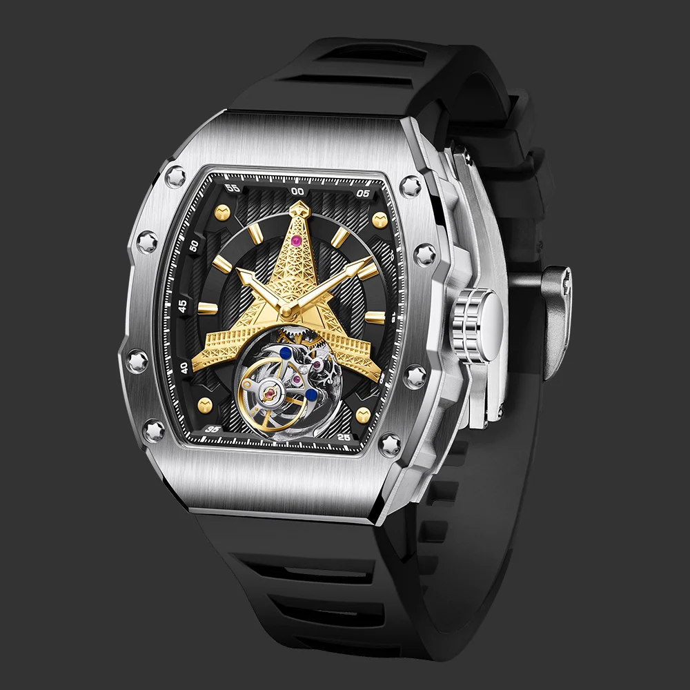 Tourbillon Watches French Tower Watches Automatic Mechanical Movement Watches 904L Stainless Steel Watches OUMASHI Men's Watches