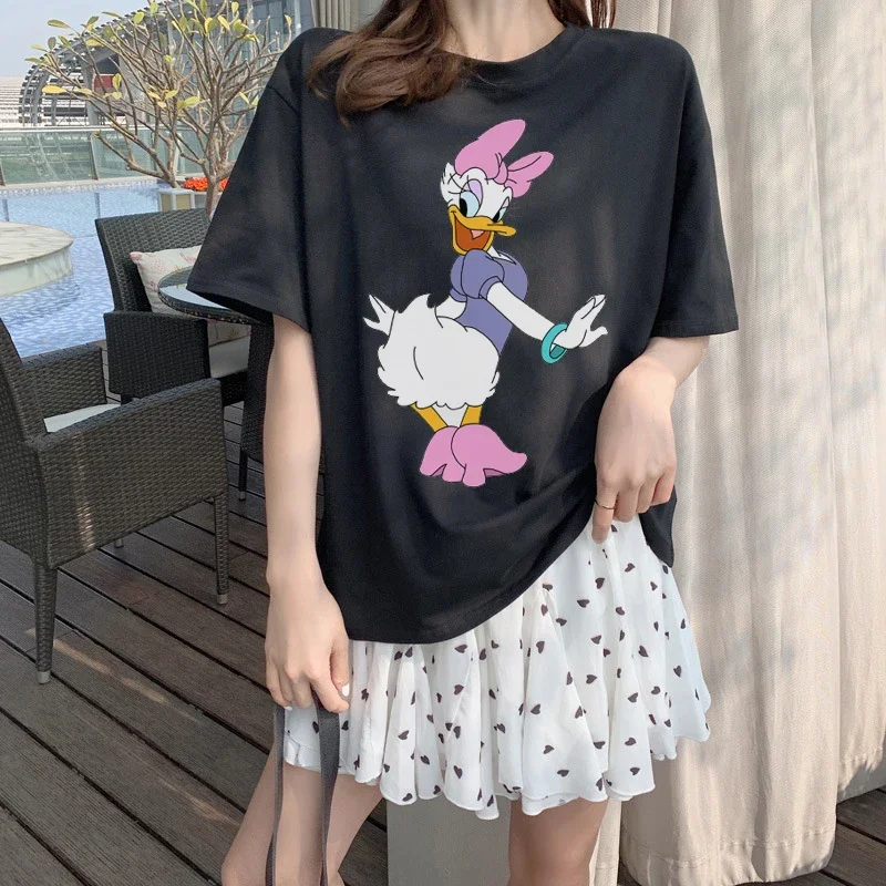 Disney Summer New T-Shirt Donald Duck Daisy Duck Cartoon Printed Women O-Neck Pullover T-Shirt Short Sleeve Streetwear Tees Tops