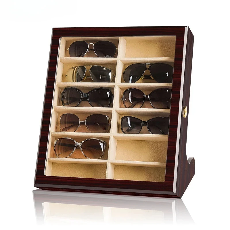 Luxury 12 Slots Spectacles Sunglasses Collection Case Box Wooden Glasses Business Storage Display with Lock Customizable Logo