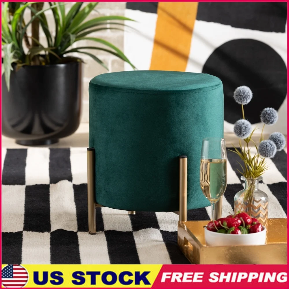 

Contemporary Glam Velvet Ottoman Round Cushion Gold Metal Legs Indoor Footstool Upholstered Padded Accent Furniture
