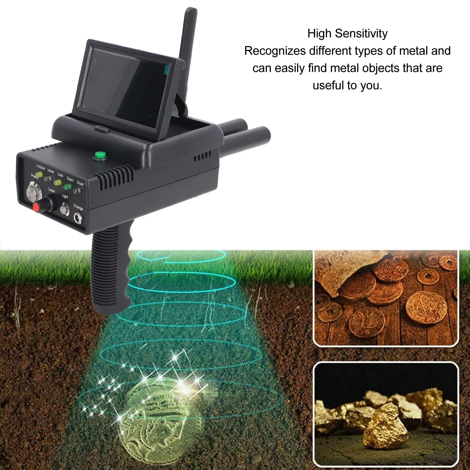 금은 구리 탐지기 지하 금속 스캐너 HD LCD 디스플레이 야외 금은 구리 탐지기 지하 금속 스캐너