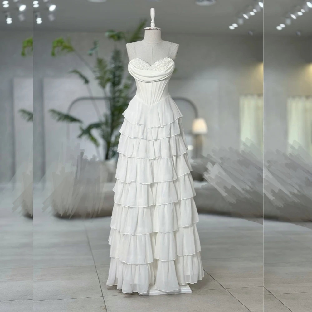 

Индивидуальные шифоновые бисерные плиссированные многоуровневые длинные платья трапециевидной формы с вырезом в форме сердца, элегантные вечерние свадебные платья на заказ