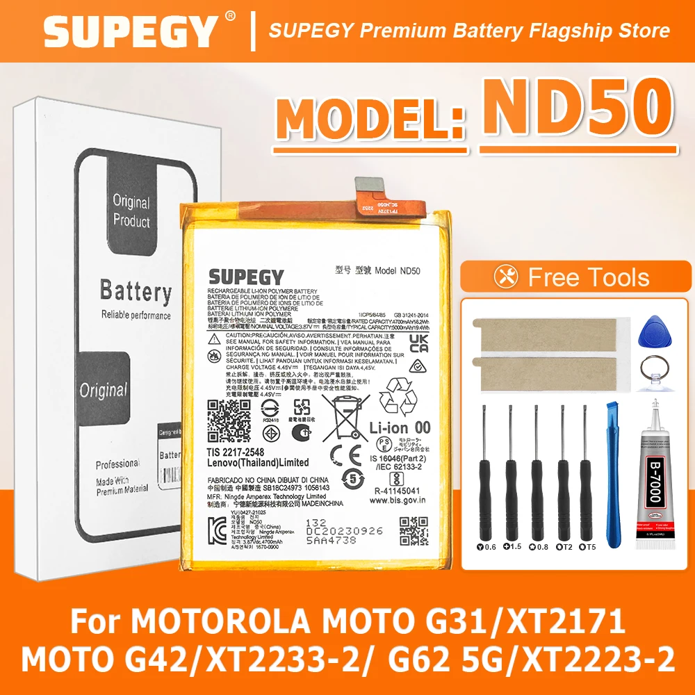 100% New High Quanlity ND50 Battery For MOTOROLA MOTO G31/XT2171/MOTO G42/XT2233-2/MOTO G62 5G/XT2223-2 Batteries+Free tools
