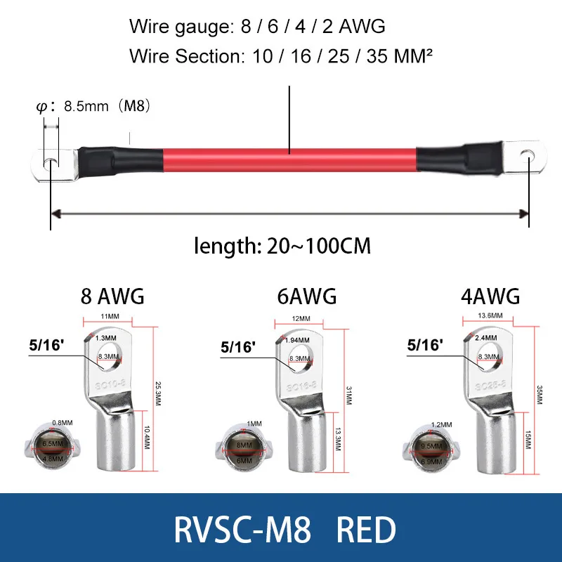 12V 24V 48V 72V RV Battery UPS Cable M8 Terminals Connect Copper Wire Cable 8/6/4 AWG Inverter Car Battery UPS