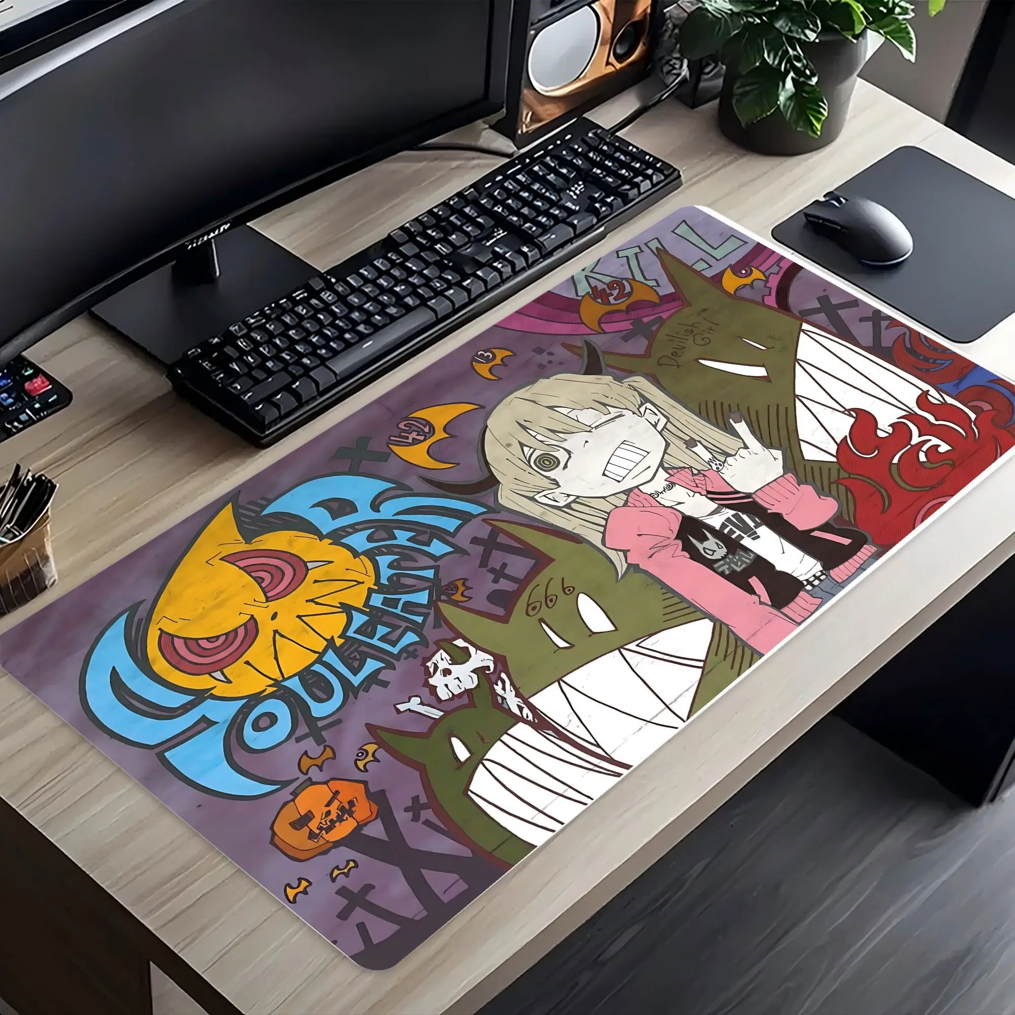 Halloween Anime Girl Gaming Mouse Pad, Large Non-Slip Desk Mat with Spooky Graffiti & Monster Design for Gamers Office