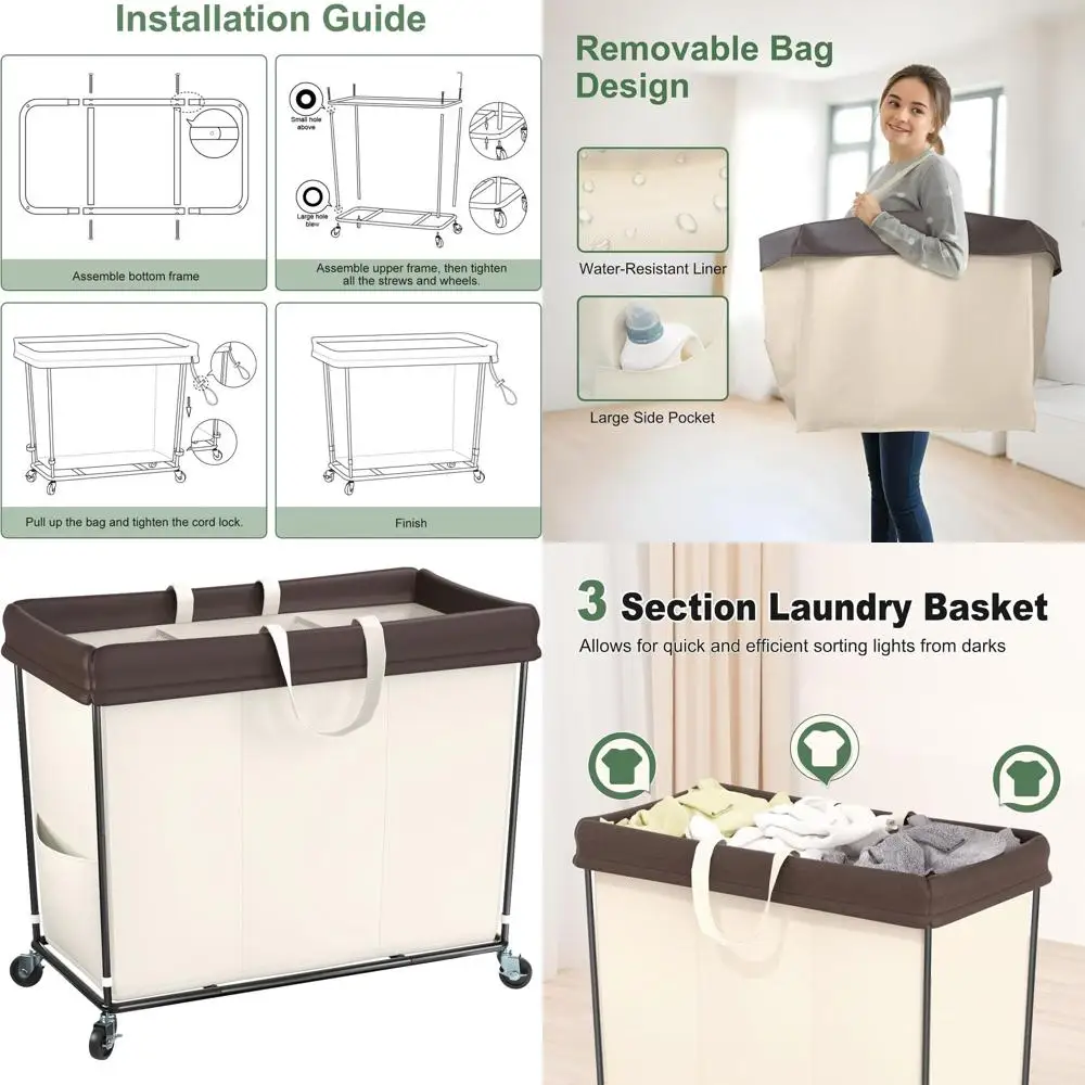 

Трехсекционная корзина для белья на колесиках для дома, общежития и ванной комнаты.