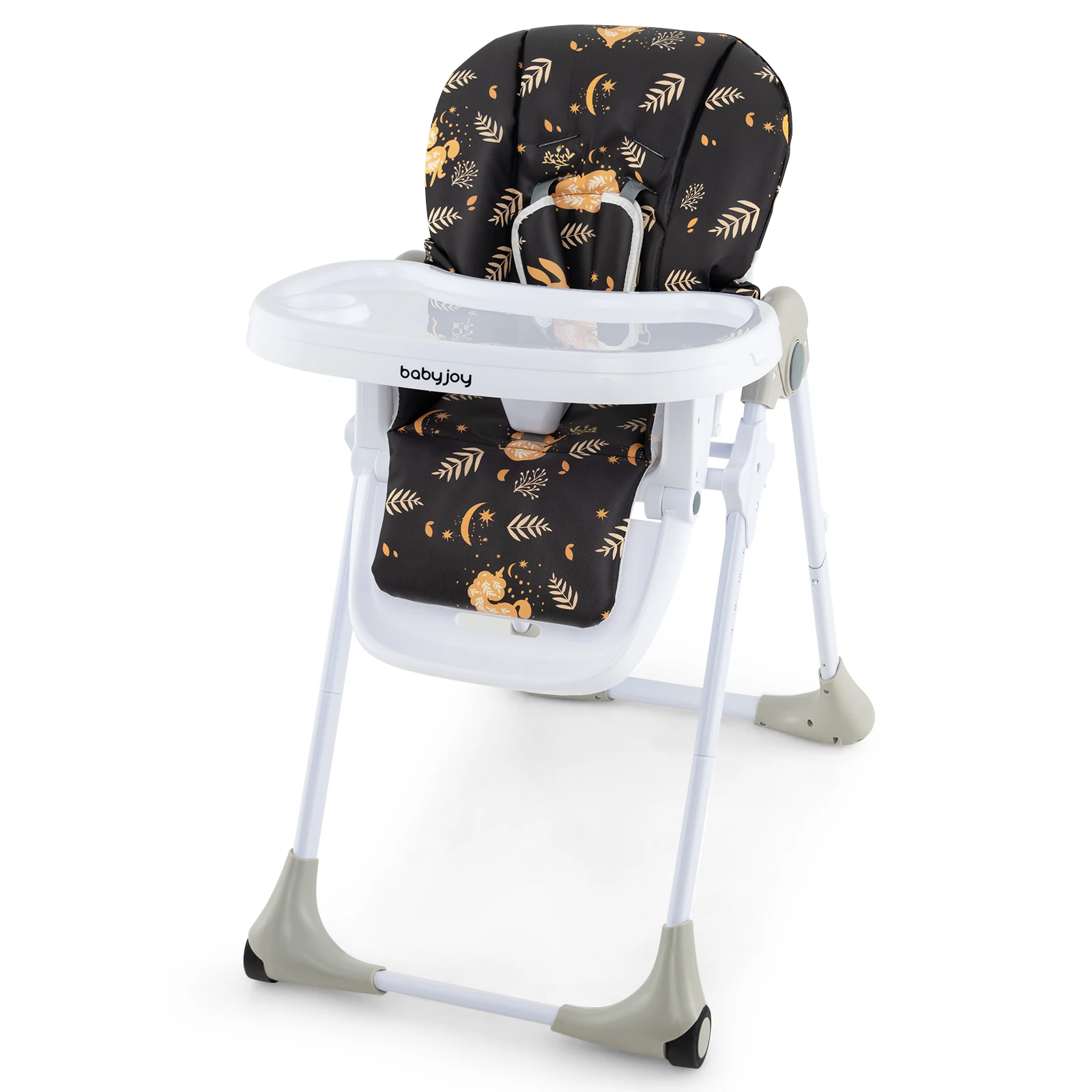 Baby High Chair with 7 Height & 3 Footrest Adjustable Cup holder 2 Wheels