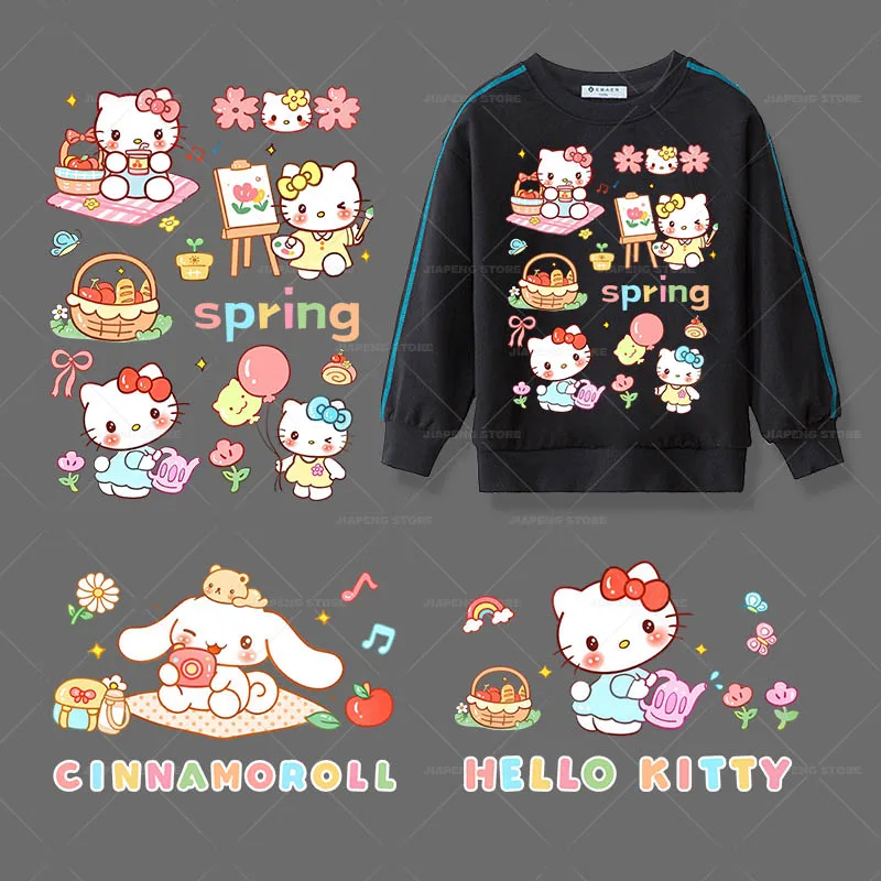 Spring Hello Kitty Printed Stickers For Baby Clothes Iron on Heat Transfers Cartoon Sanrio Cinnamorol Thermal on Kids T-shirt