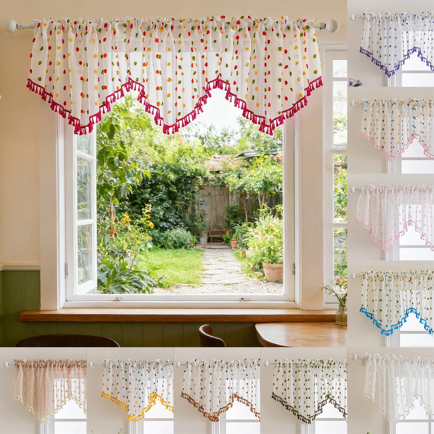 

1/2/4PCS Jacquard Fabric Curtain Valance Rod Pocket European Floral Pattern Sheer Tulle Short Curtain Window Door Decor 손뜨개 커튼