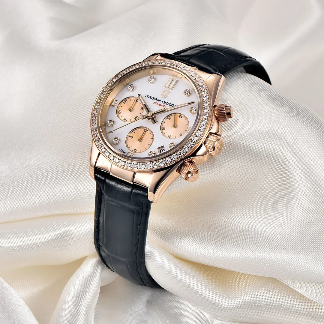 PAGANI DESIGN PD-1730 ساعات نسائية 36 ملم كرونوغراف كوارتز ستانلس ستيل مقاوم للماء ساعة معصم للنساء حزام ساعة جلد