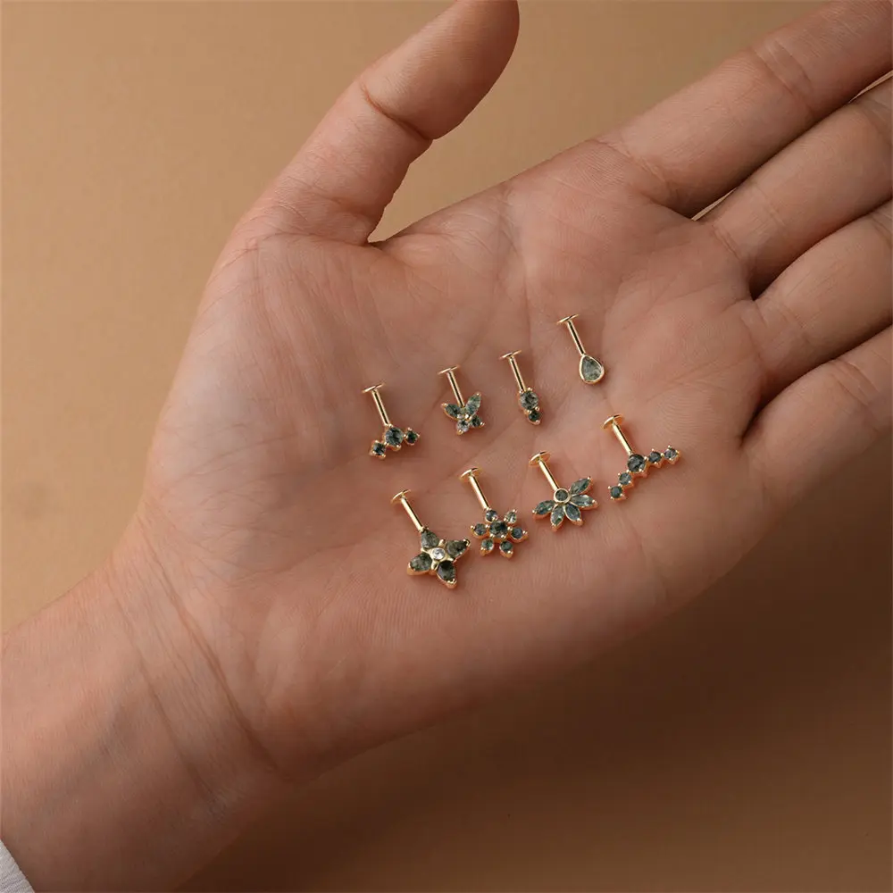 CANNER 1PC Natural Moss Agate Thread Vertical Puncture Ear Bone Nail 925 Sterling Silver Water Droplet Green Geometric Earring