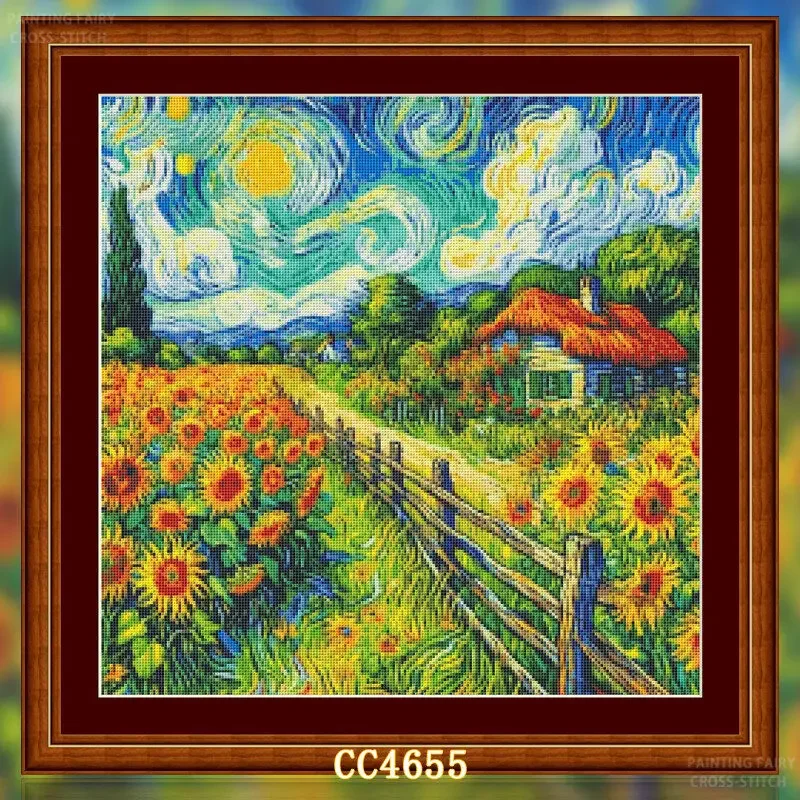 [[CC4656-Van Gogh Series Sunflower Farm] DIY Stamped Cross Stitch Kit for Beginners, 11CT 14CT 16CT Printed Canvas Needlework