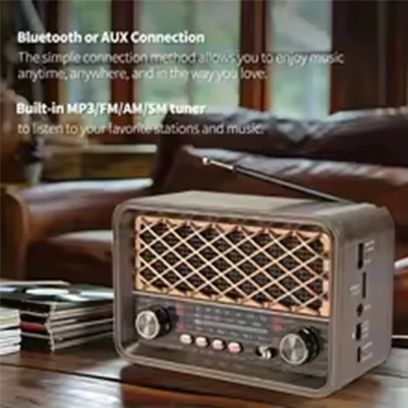 

A73E-Retro Bluetooth Radio Portable FM/AM/SW Band Receiver With LED Light, TF Card, USB, AUX Support Classic Wireless Speaker