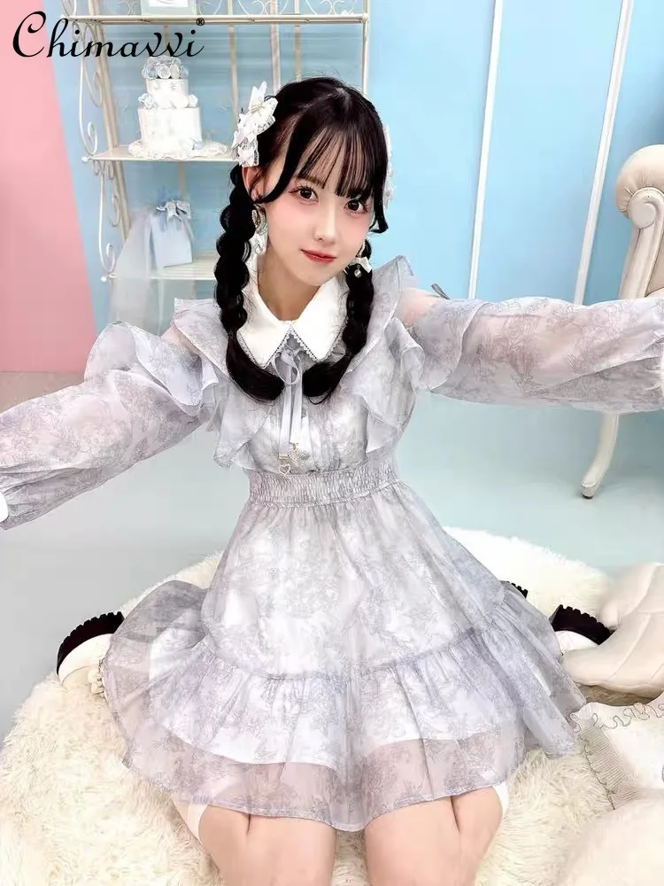 

Rojita Japanese Style Mass-Produced Super Fairy Lotus Leaf Waist Dress Sweet Floral Long Sleeve Ruffled Elegant Princess Dress