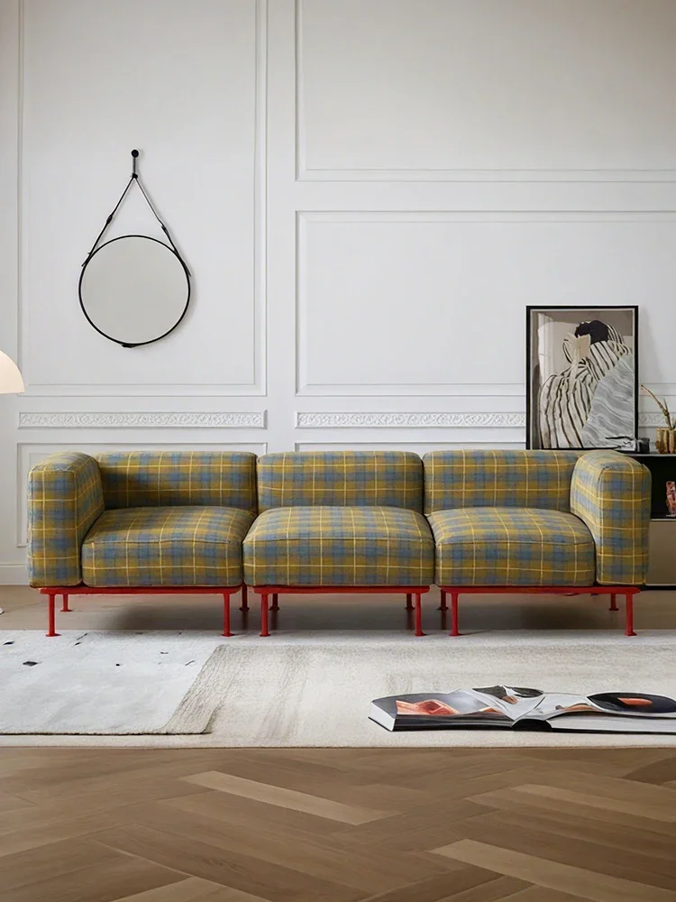 Retro ins style blogger dopamine plaid sofa, medieval French small apartment Bauhaus module combination sofa