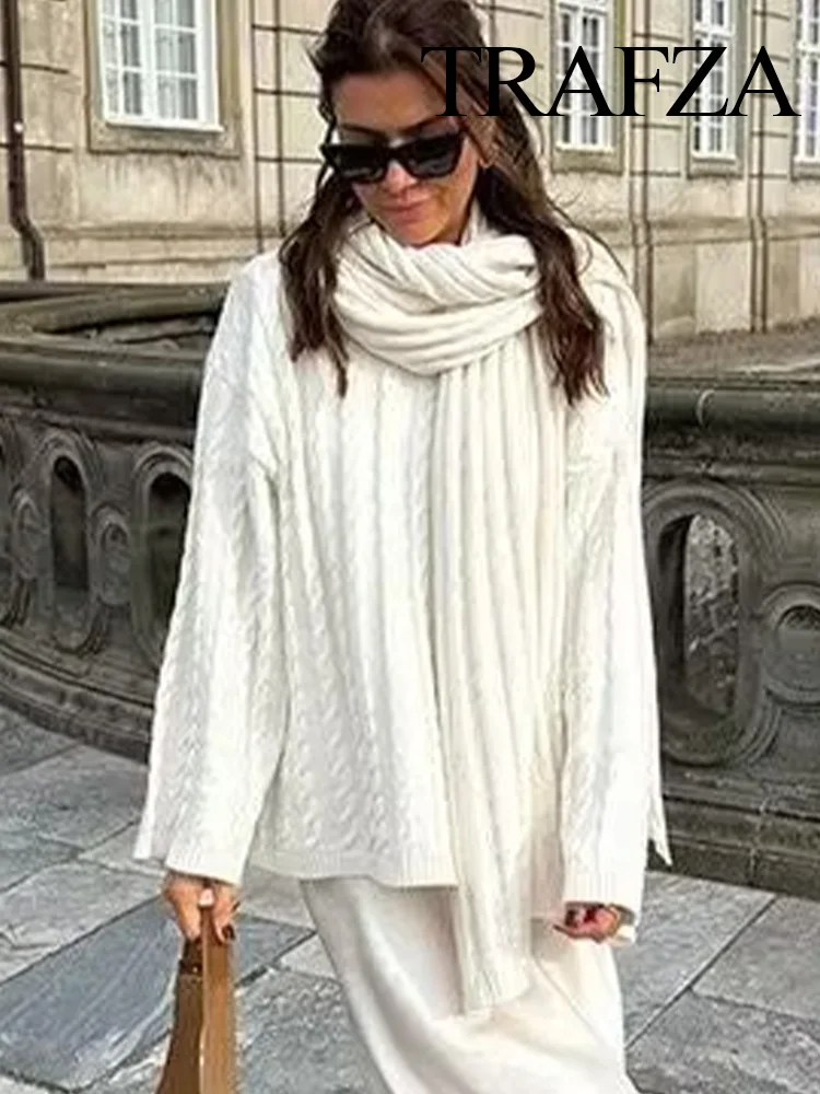 TRAFZA Women Fashion Scarf Style Decorated Round Neck Pullover Female Winter Sweater Long Sleeve Tightness Knitting Top Mujer