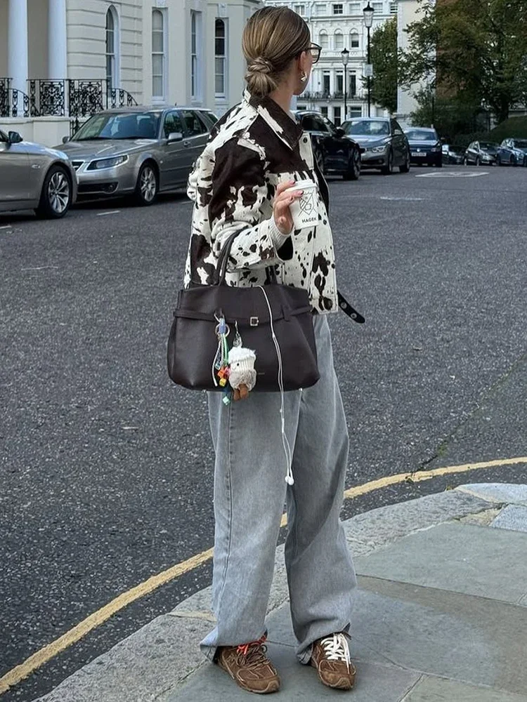 Mode Revers Gedruckt Jacke Mantel Weibliche Lange Hülse Casual Splice frauen Outwear High Street 2025 Dame Pendler Streetwear