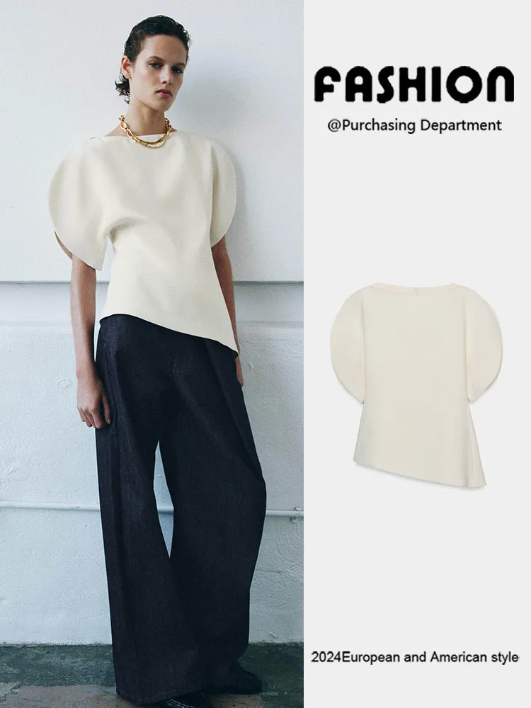 

Spring New Arrival Women's Simple Versatile Elegance One-Shoulder Bubble Sleeve Top European Style Short Sleeve Knitted Sweater