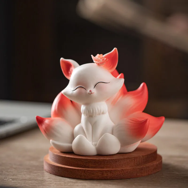 Cute Creative Ceramic Nine Tailed Fox Small Ornament for Home Office Desktop and Car Decoration Crafts Gifts