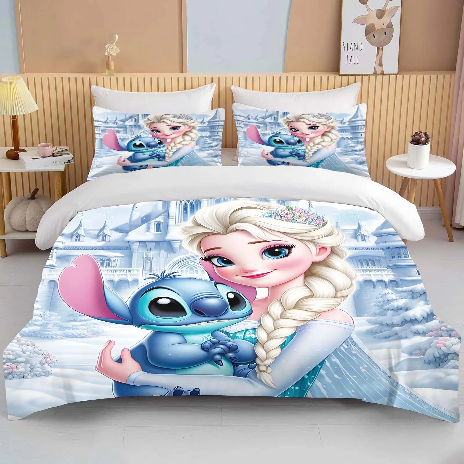 

Disney Princess and Stitch Printed Bedding Set Duvet Cover Anime Quilt Adult Kids Birthday Gift Full Size Comforter Bedding Sets