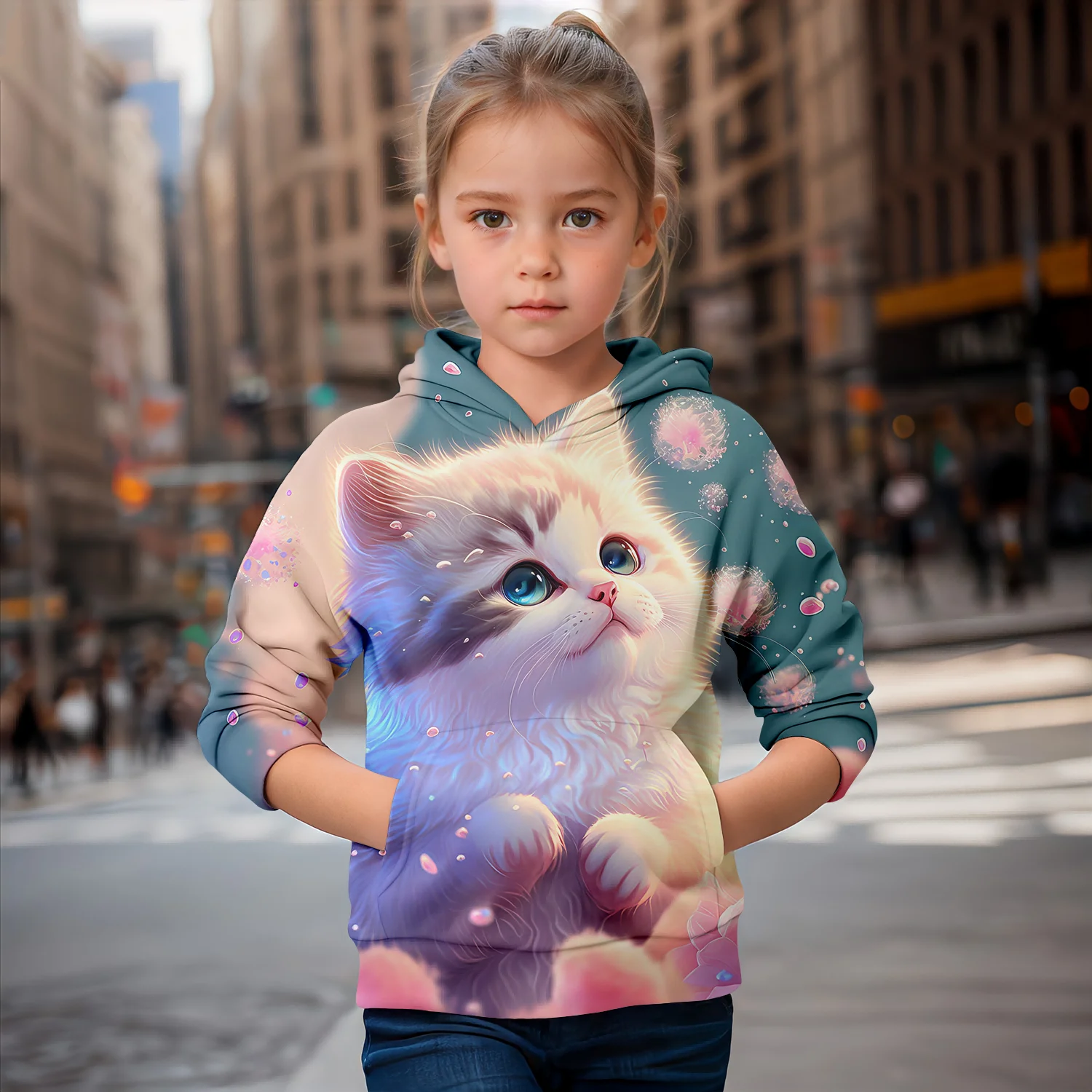 Girl Clothes Hoodies Long Sleeve Cartoon 3D Cats Print Girl Cute Sweatshirt Tops Casual Pullover Spring Autumn Children Clothing