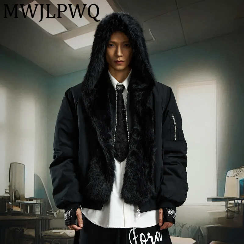 

MWJLPWQ Unisex Thickened Cotton Coat Large Scarf Furry Hooded Detachable Padded Loose Short Zipper Male Tops 2025 Winter 12608