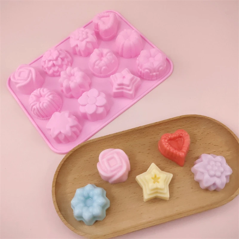 12 Holes Silicone Pastry Chocolate Molds For Oven Individual 3D Mini Dessert Flowers Heart Star Muffins Cupcake Baking Pan Tray