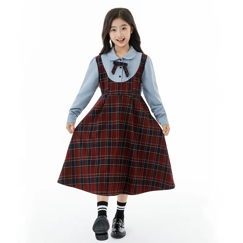 

Junior Girls Dress Autumn School Girls Peter Pan Collar Long Sleeve Dress Children Girls Plaid Patchwork Fake Two-piece Dress