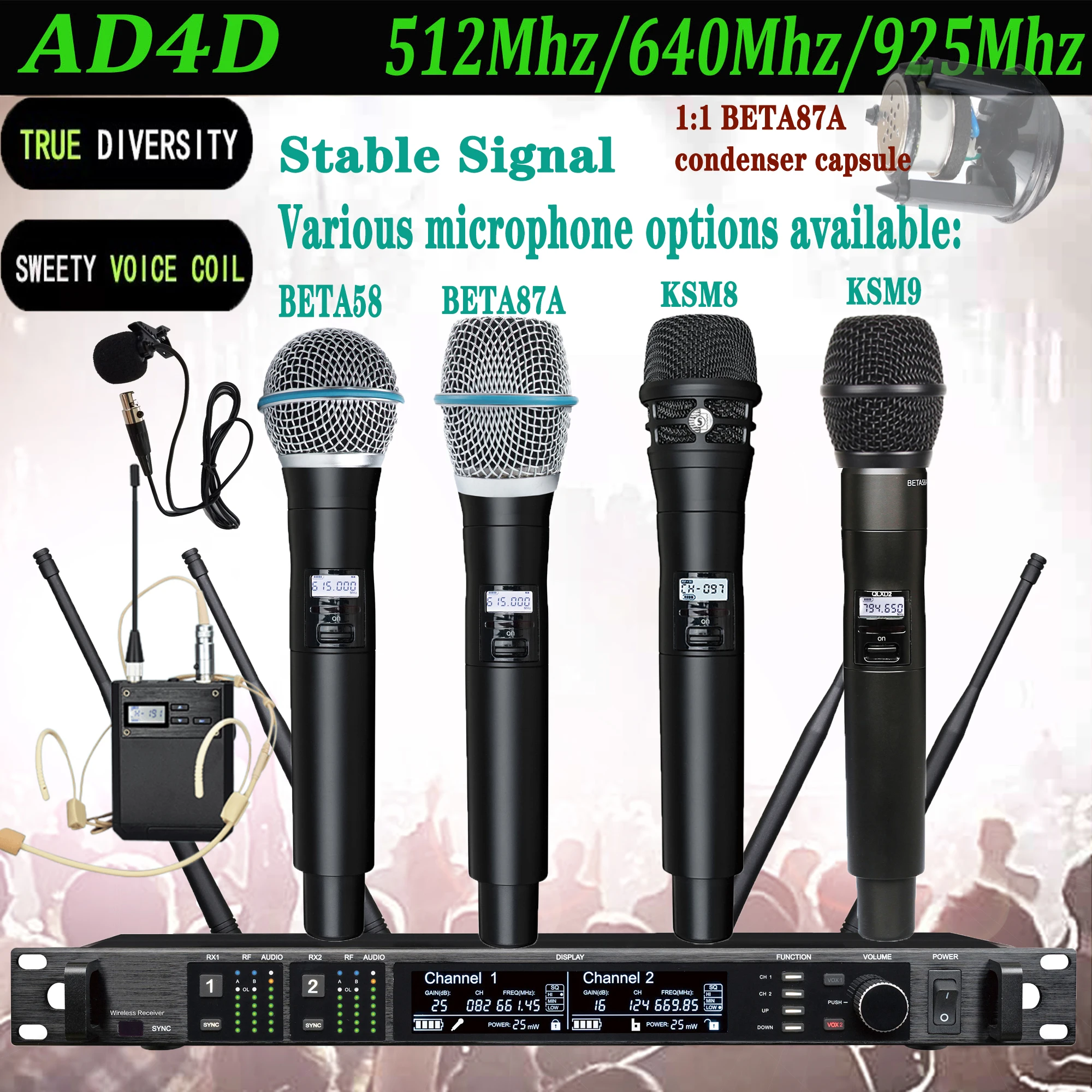 Professional Digital Wireless Microphone 512Mhz/640Mhz/925Mhz Dual Channel Receiver Diversity Mircrofone Beta87A Capsule