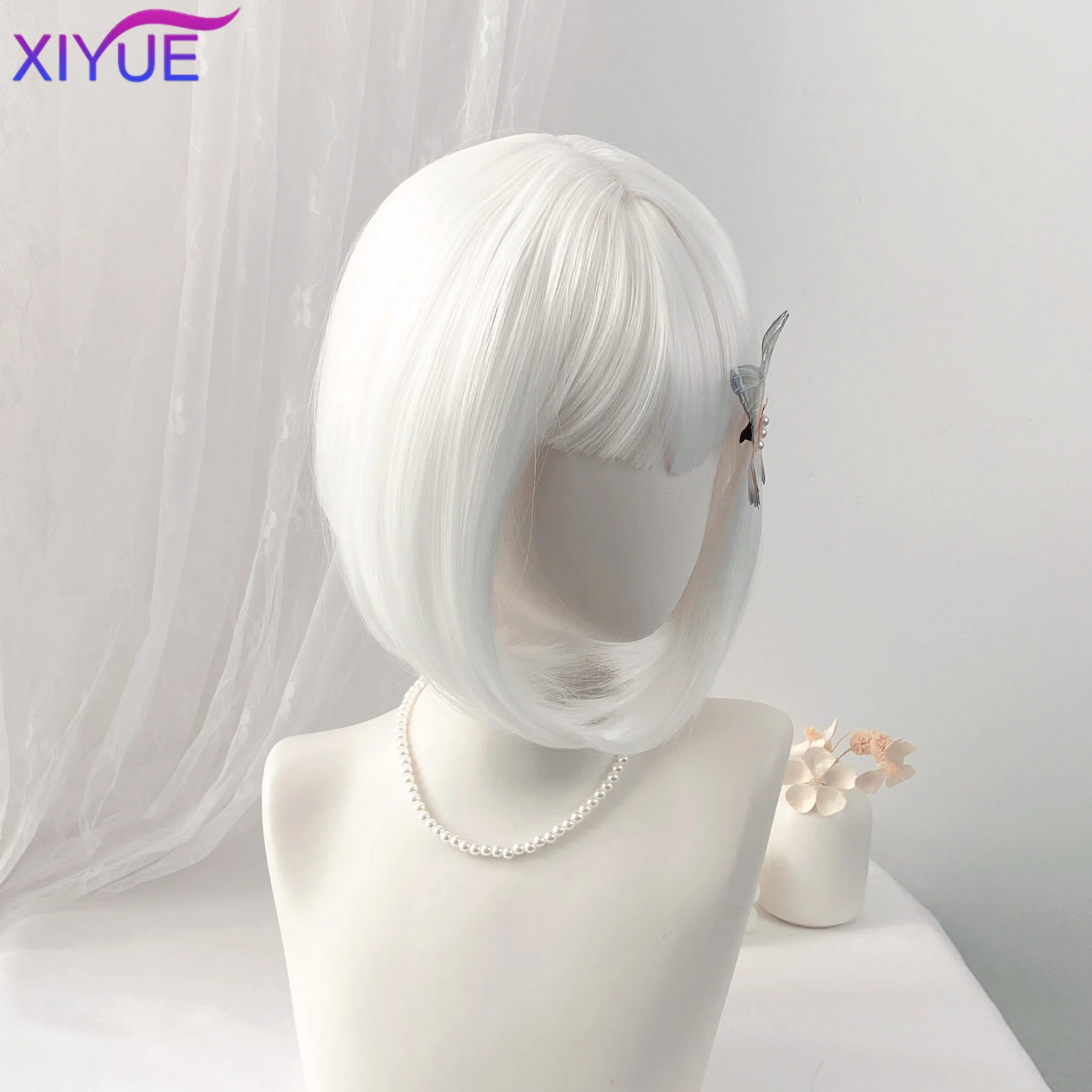white Bob Synthetic wig Short straight hair with bangs Multi-colored Halloween cosplay daily wear high temperature silk wig